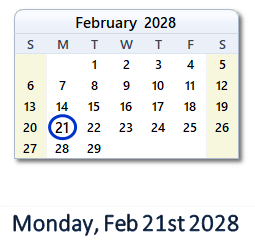 February 21, 2028 calendar