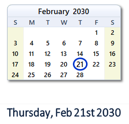 February 21, 2030 calendar