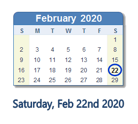 February 22, 2020 calendar