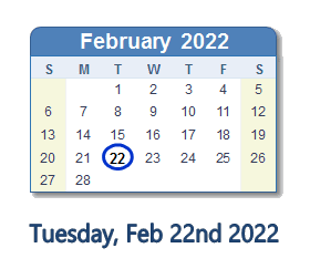22 February 2022 calendar