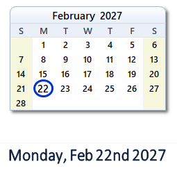 February 22, 2027 calendar