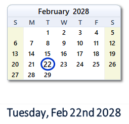 February 22, 2028 calendar