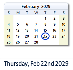 February 22, 2029 calendar