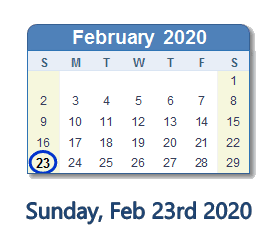 February 23, 2020 calendar