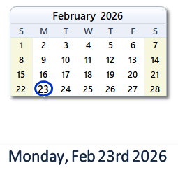 23 February 2026 calendar