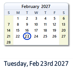 February 23, 2027 calendar