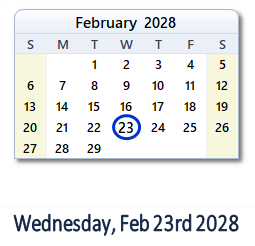 February 23, 2028 calendar