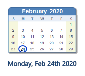 February 24, 2020 calendar