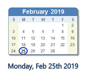February 25, 2019 calendar