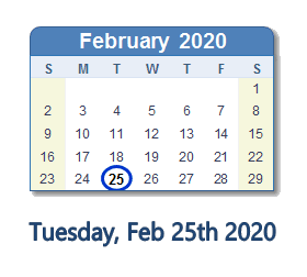 February 25, 2020 calendar