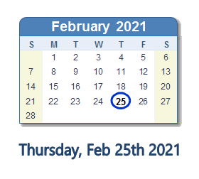 25 February 2021 calendar