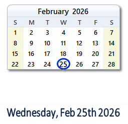 25 February 2026 calendar