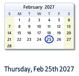 25 February 2027 calendar