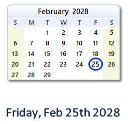 February 25, 2028 calendar