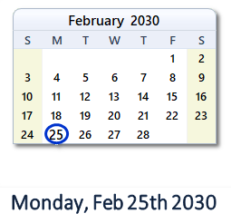 February 25, 2030 calendar