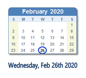 February 26, 2020 calendar