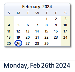 February 26, 2024 calendar