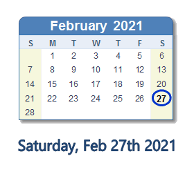 February 27, 2021 calendar