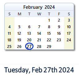 February 27, 2024 calendar