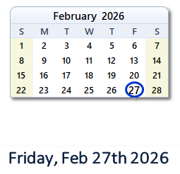 27 February 2026 calendar