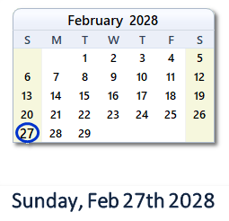 February 27, 2028 calendar