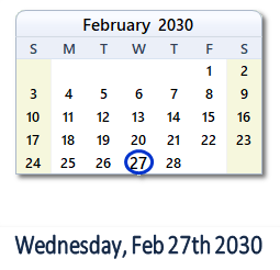 February 27, 2030 calendar