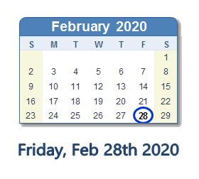 February 28, 2020 calendar