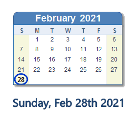 28 February 2021 calendar