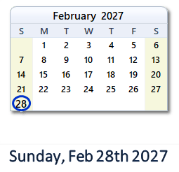 28 February 2027 calendar