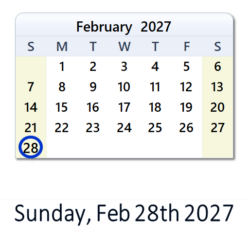 February 28, 2027 Calendar with Holidays & Count Down - USA