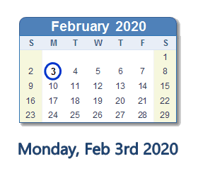 February 3, 2020 calendar