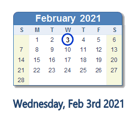 February 3, 2021 calendar