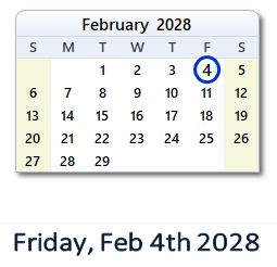 February 4, 2028 calendar