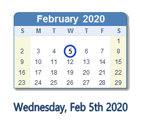 February 5, 2020 calendar