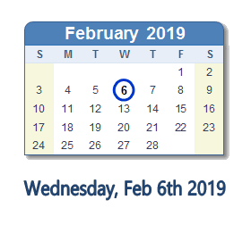 February 6, 2019 calendar