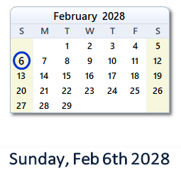 February 6, 2028 calendar