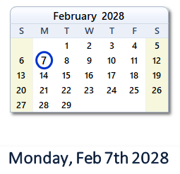 February 7, 2028 calendar