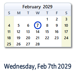 February 7, 2029 calendar