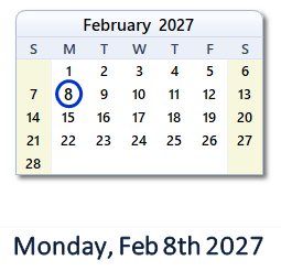 8 February 2027 calendar