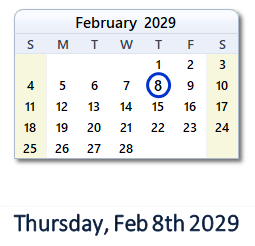 February 8, 2029 calendar