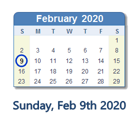 February 9, 2020 calendar