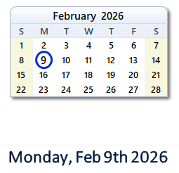 9 February 2026 calendar