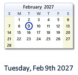 February 9, 2027 calendar