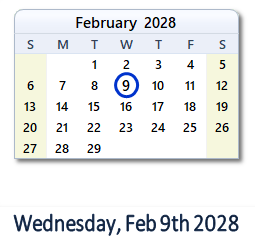 February 9, 2028 calendar