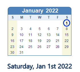 January 1, 2022 calendar