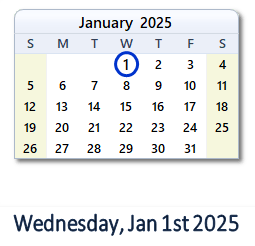 January 1, 2025 calendar
