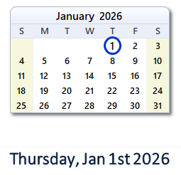 January 1, 2026 calendar