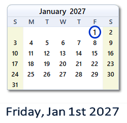 January 1, 2027 calendar