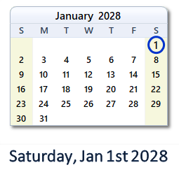 January 1, 2028 calendar