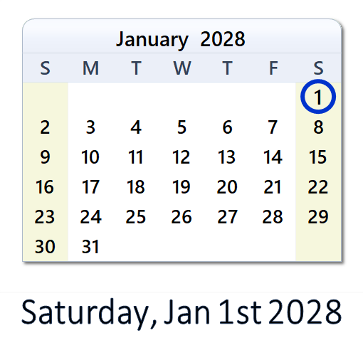 January 1, 2028 Calendar with Holidays and Count Down - CAN